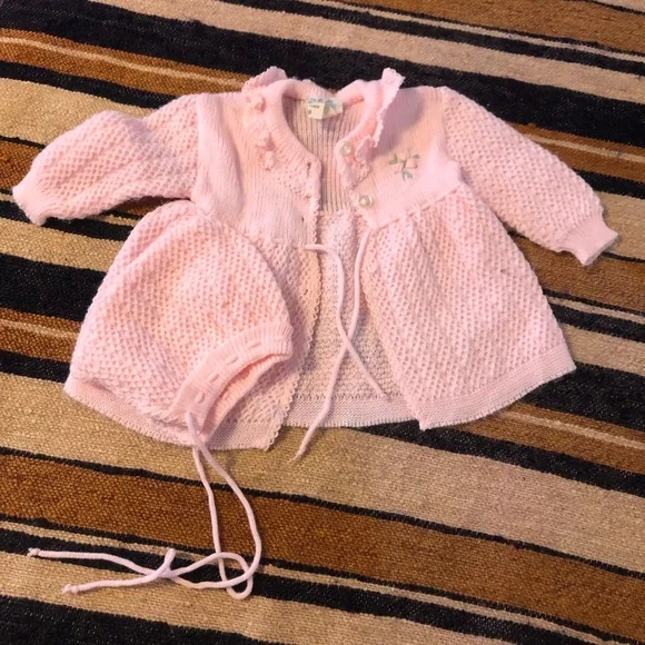 Vintage Baby Knit Clothes Sweater Set Hoodie Bonnet - Picture 2 of 8